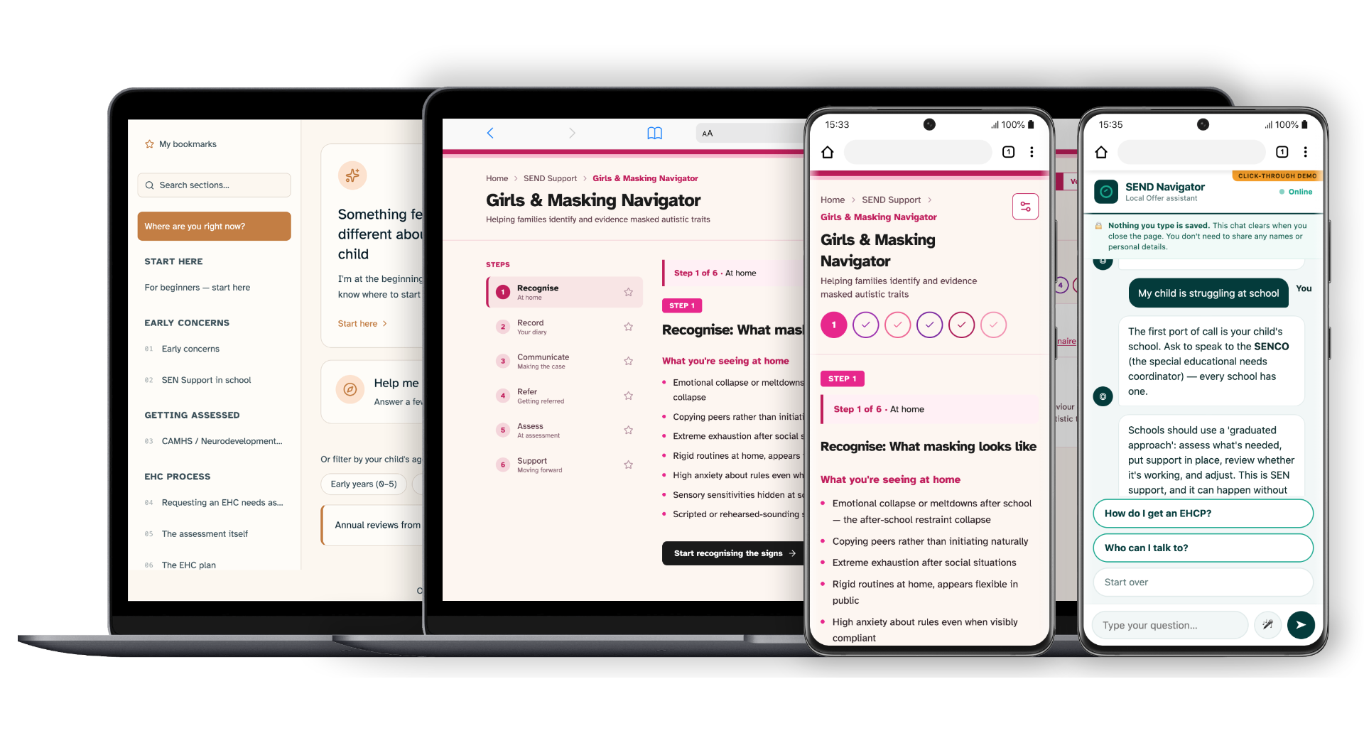 SEN Navigator suite — desktop and mobile views of the accessibility-first navigator